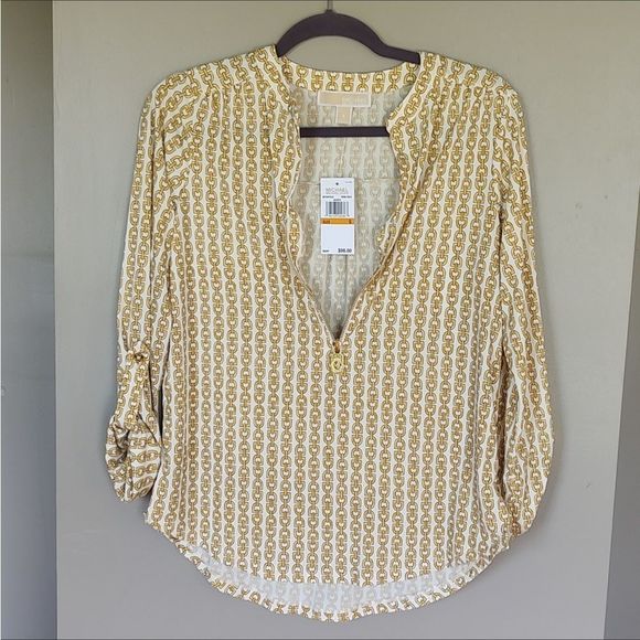 MICHAEL Michael Kors Tops - Michael Kors Chainlink MK Logo Zipper Top Cream/Gold
